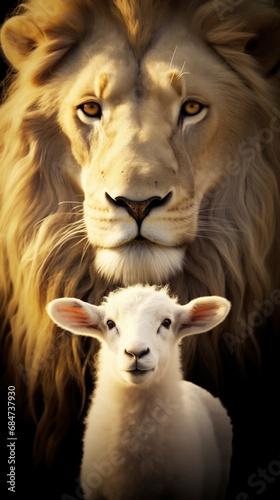Lion and lamb standing together  spiritual metaphor of a symbolic couple  association of the opposite  balance of strength and softness  courage and sacrifice  pride and innocence