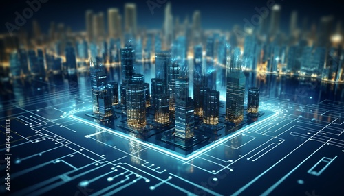 Smart city on circuit board background  Futuristic city with electronic circuit on blue background 3D rendering