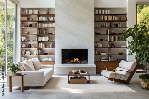 Luxurious and Sophisticated Living Room with Stunning Marble Wall Fireplace and Stylish Bookcase photo