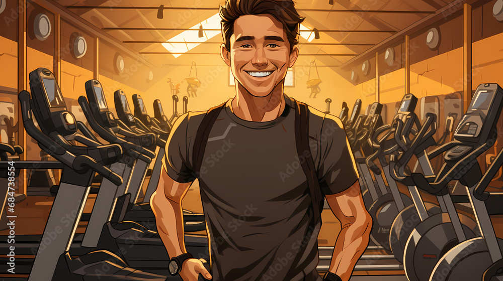Man doing exercises training at gym. Sporty people working out. Sport, workout, run and fitness. Cartoon illustration - obrazy, fototapety, plakaty 