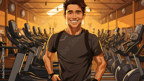 Man doing exercises training at gym. Sporty people working out. Sport, workout, run and fitness. Cartoon illustration