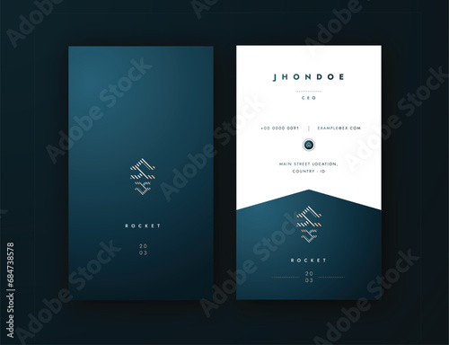 Vertical Business Card Editble Vector Template, luxurious and masculine with dark blue  backgrund and gold text, simple elegant clean