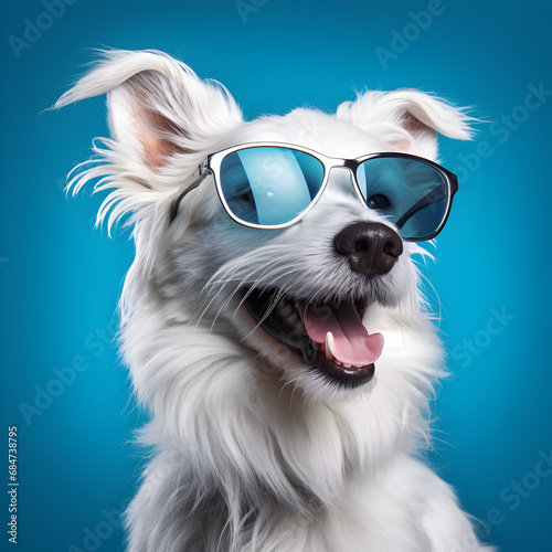 White dog wearing blue sunglasses with a blue background