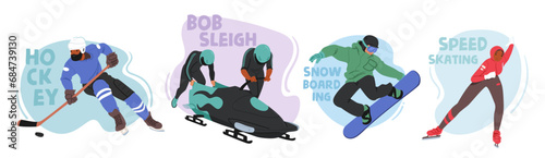 Characters in Exhilarating Winter Sports Activities Including Hockey, Bobsleigh, Snowboarding and Speed Skating