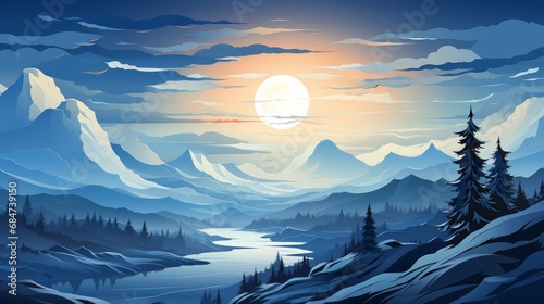 A snowy mountain landscape with clean lines and shapes. AI generate illustration © PandaStockArt