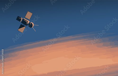 A spaceship flies in space. Beautiful outer space. Planet exploration. Scientific mission. Vector illustration for background