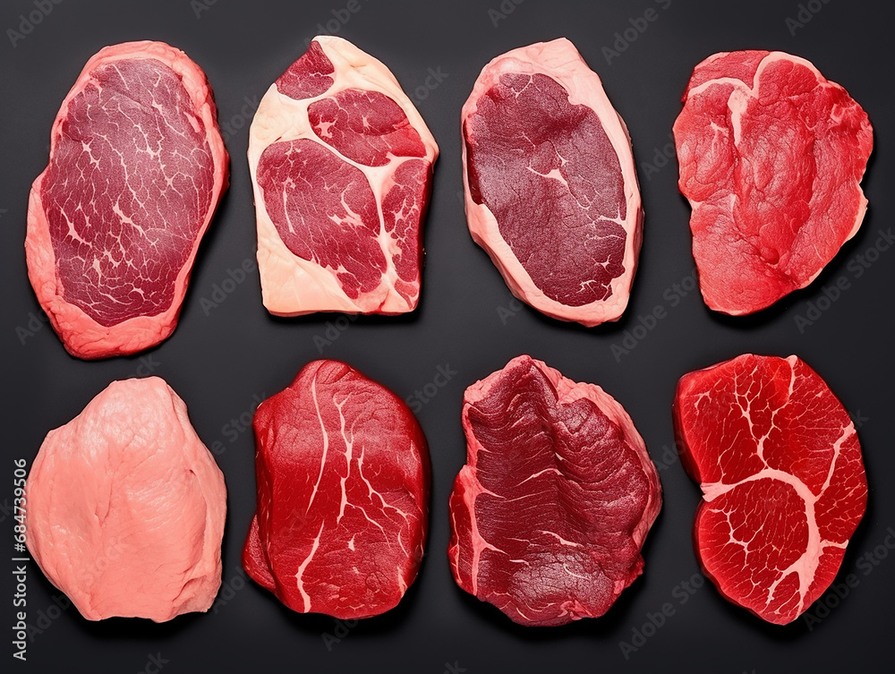 Set of different raw steaks, top view, isolated
Set of different raw steaks, top view, isolated