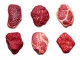 
Set of different raw steaks, top view, isolated
