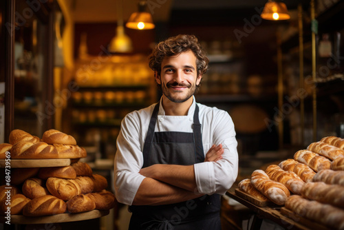 Happy young man working behind a bakery counter full of delicious fresh baked goods