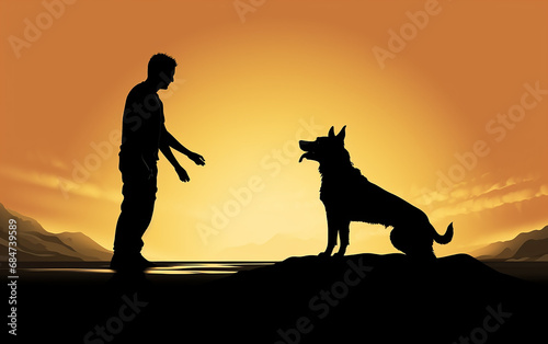 adestrador de cães treinando cão em pôr do sol inspirador 