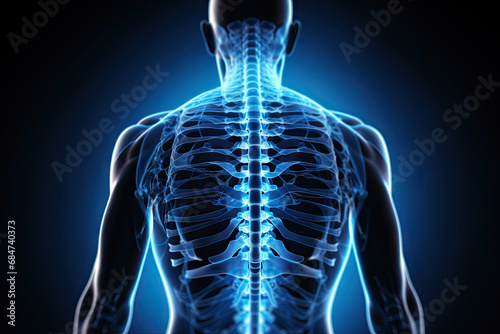 A man's back with the skeleton visible created with generative AI technology photo
