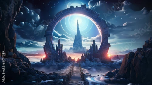 Magic Stone Gate With Neon Glowing Light Amidst Cosmic Landscape Animation, Abstract Futuristic Neon Portal Animation. Celestial Stone Portal Background. photo