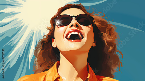 A young laughing woman with beautiful smile on outdoor  gentle and happy life. Healthy. Cartoon illustration.