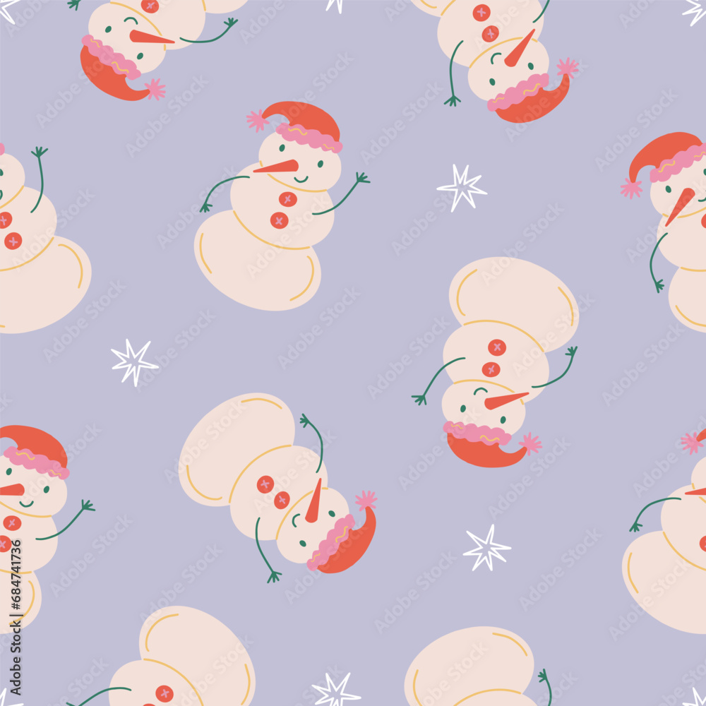 Cute snowman and stars seamless pattern. Christmas and New Year concept. Hand drawn retro vintage vector texture for wallpaper, prints, wrapping, textile Cute snowman and stars seamless pattern. Christmas and New Year concept. Hand drawn retro vintage vector texture for wallpaper, prints, wrapping, textile