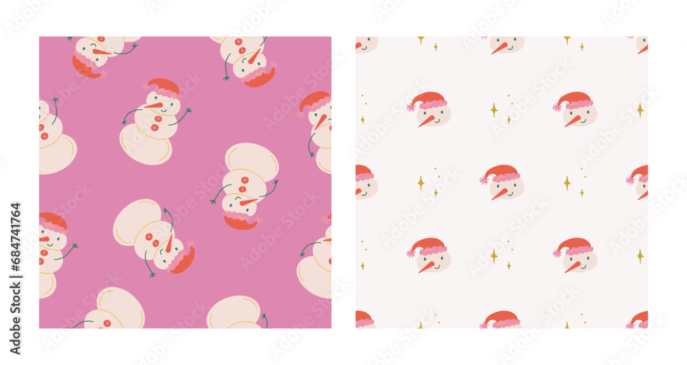 Cute snowman and sparkles seamless pattern set. Christmas and New Year concept. Hand drawn retro vintage vector texture for wallpaper, prints, wrapping, textile Cute snowman and sparkles seamless pattern set. Christmas and New Year concept. Hand drawn retro vintage vector texture for wallpaper, prints, wrapping, textile