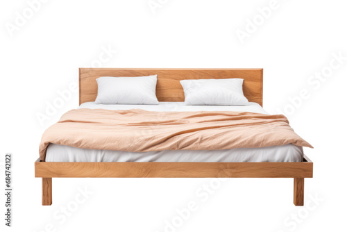 Isolated wooden bed with  organic cotton linen