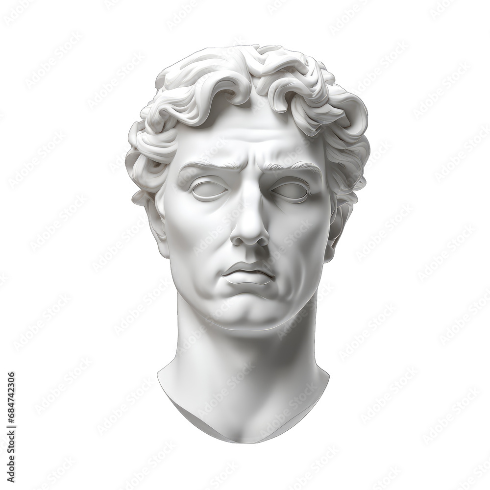 Bust, white plaster statue head isolated on transparent and white