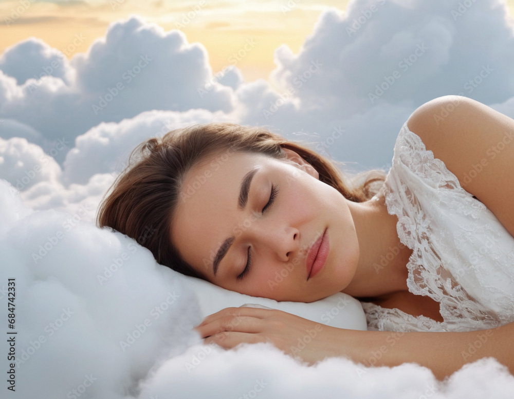 young woman sleeping on a white clouds