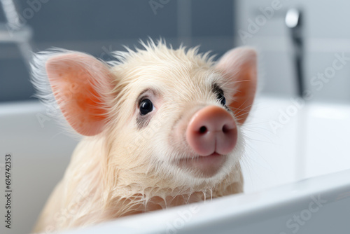 cute wet washed pig in the bathroom
