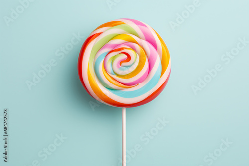Colorful lollipop on blue background photo