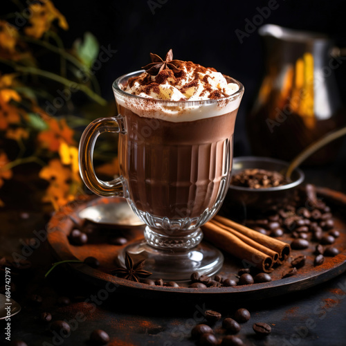 An autumn glass of coffee with whipped cream