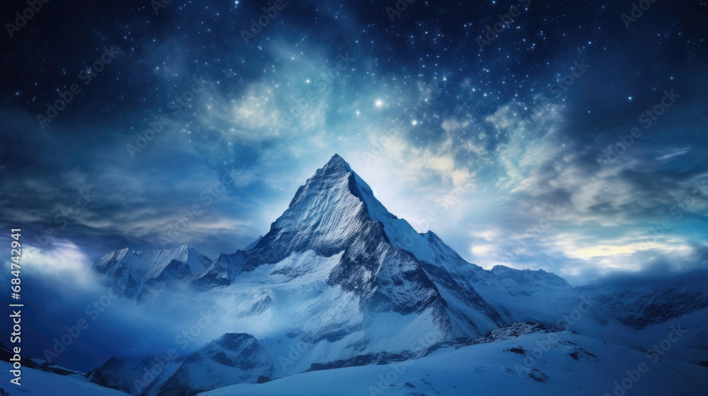 A majestic snowy peak among the clouds under a starry night sky. Illustration for backgrounds, covers, wallpapers, banners and other projects abofut winter or wild nature.