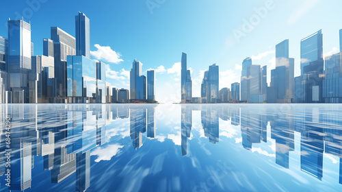 mirror skyscrapers, near a mirror lake against a blue sky