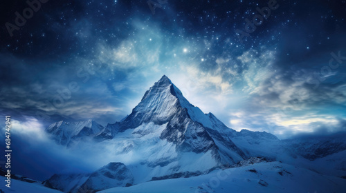 A majestic snowy peak among the clouds under a starry night sky. Illustration for backgrounds, covers, wallpapers, banners and other projects abofut winter or wild nature.