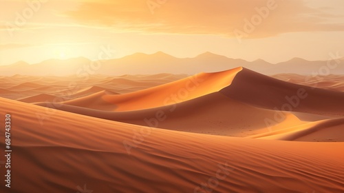 A vast desert  its sand dunes painted golden by the setting sun.