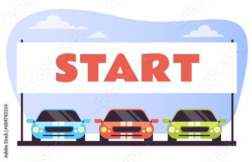 Start line sport car race speedway track automobile concept. Vector cartoon graphic design element illustration