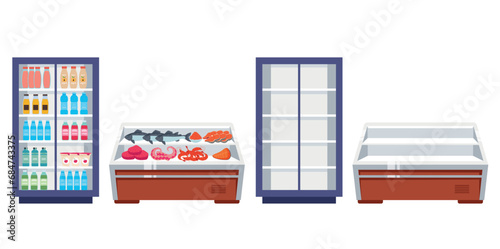 Food grocery product refrigerator empty and full concept. Vector cartoon graphic design element illustration
