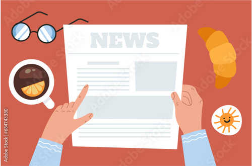 Business person read newspaper morning table with coffee top view concept. Vector cartoon graphic design element illustration
