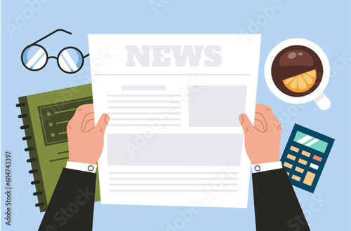 Business person read newspaper morning table with coffee top view concept. Vector cartoon graphic design element illustration