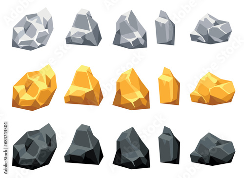 Gold coal mine game cave rock diamond isolated set. Vector flat graphic design illustration	