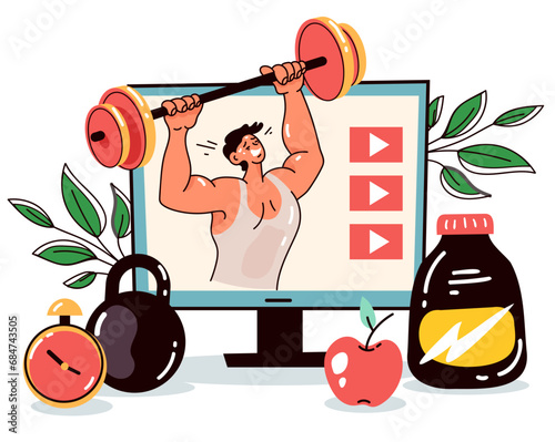 Online fitness sport class exercise home workout concept. Vector cartoon graphic design element illustration