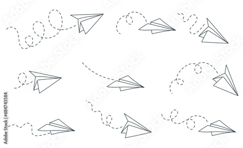 Paper airplane plane fly aeroplane isolated set. Vector graphic design illustration