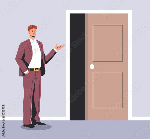 Business office people show gesture welcome near open door. Vector graphic design illustration
