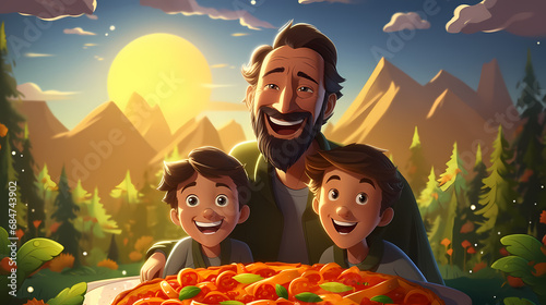 Happy family boy eats delic...