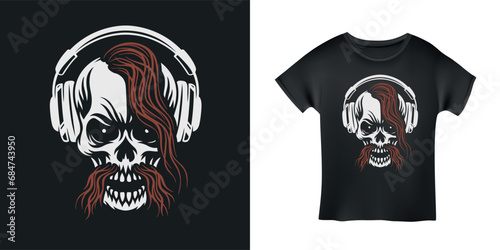 Hard rock metal music related t-shirt design. Agressive skull in headphones. Vector vintage illustration.