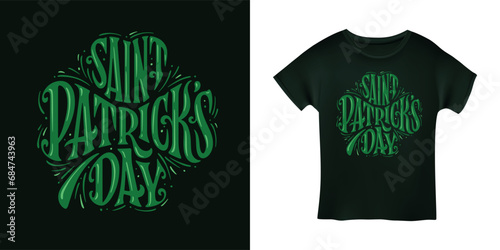 St. Patrick's day modern lettering. Happy St Patricks day greeting card typography on clover leaf. Vector vintage illustration.