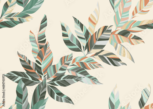Beautiful shrub leafage endless wallpaper design. Minimal floral spring banda...