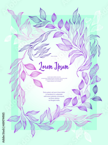 Bay leaves frame vector greeting card template. Rustic card design with laure...