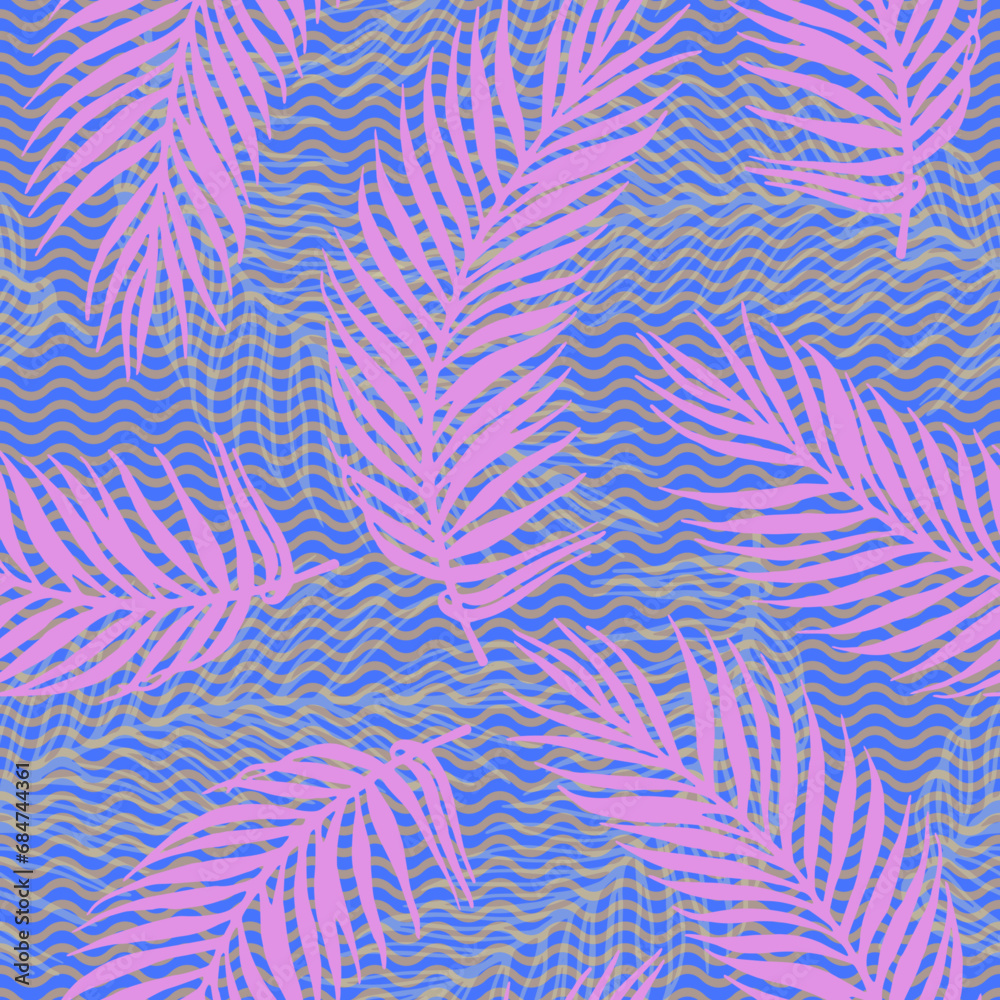 Seamless jungle palm leaves vector pattern. Botanical elements over waves