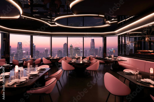 Soft pink restaurant space soft pink floor, perforated black wall and ceiling with lighting behind, view over city , Generative Ai