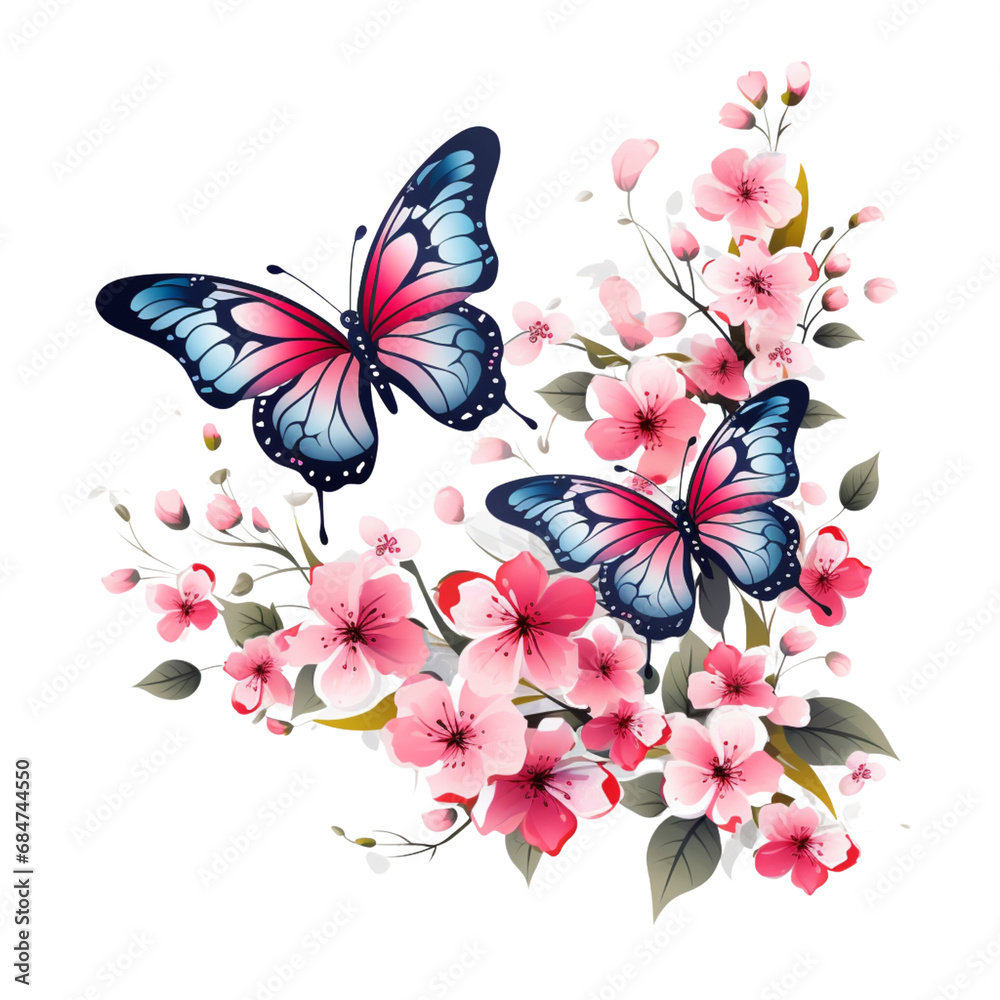 Butterflies and Pink Flowers Illustrations Clipart