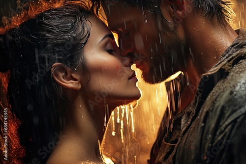 A girl and a guy kiss and hug in a heavy rain. Cinematic light.