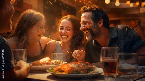 a joyous family at a restaurant  immersed in the delight of a shared meal  radiating love. Loving family concept.