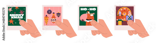 Hands holding New Year cards postcards. Cartoon illustrations of the new year, gifts, sonta claus, new year tree. Vector set of groovy posters