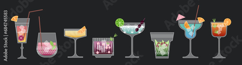 Set alcoholic cocktails in a cartoon retro style in glasses of different shapes. Author's classic summer drinks, aperitif. Hippie groovy drinks hand drawn
