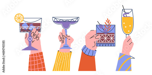 Hands hold cocktails and cheers. Hands with alcoholic drinks, champagne, wine, mojito. friends drinking a toast to friendship in a bar, party concept. Cartoon vector illustration